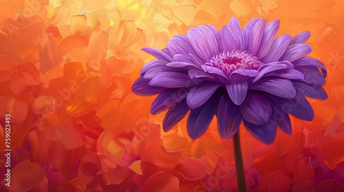 close up di  di fiore viola vibrante  che si staglia su un rigoglioso sfondo arancione , creando un contrasto visivamente sorprendente, spazio per testo, formato rettangolare