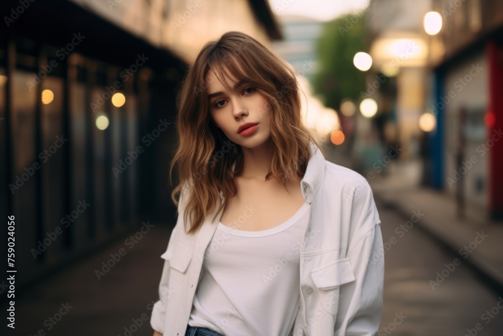Portrait of a beautiful young girl in a white T-shirt and jeans posing on a city street.