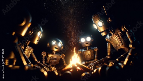 Robots gathered around a campfire at night