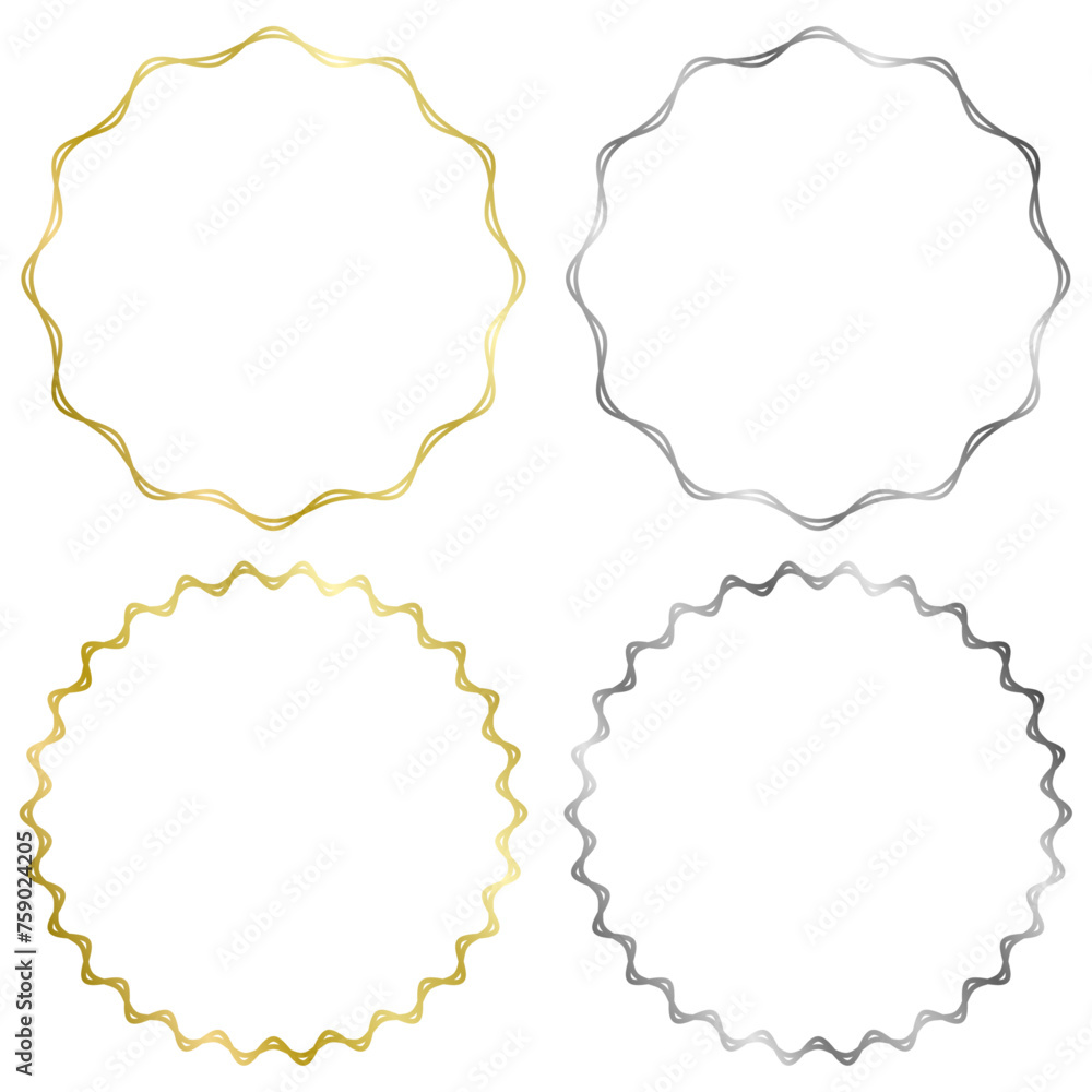 Set of golden and silver round metal frames isolated on white. Vector frame for photo. Frame for text, certificate, pictures, diploma. Luxury, gold, wedding, celebration. Wavy frames