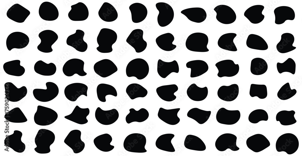 Random shapes. Organic black blobs of irregular shape. Abstract blotch, inkblot and pebble silhouettes, simple liquid amorphous Round abstract organic shape collection. Pebble, drops and stone  19 - obrazy, fototapety, plakaty 