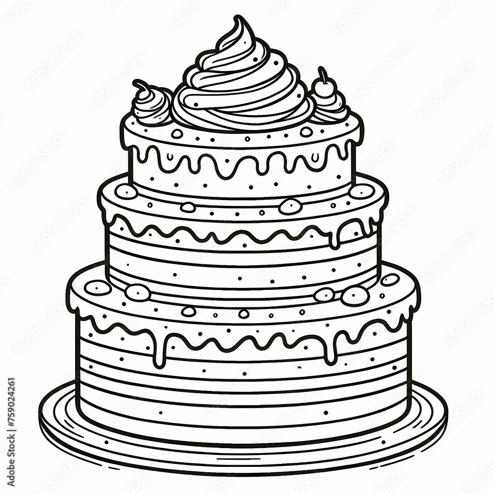 A three layered cake with frosting and a decoration on top, coloring page. A three layered cake with frosting and a decoration on top, coloring page.