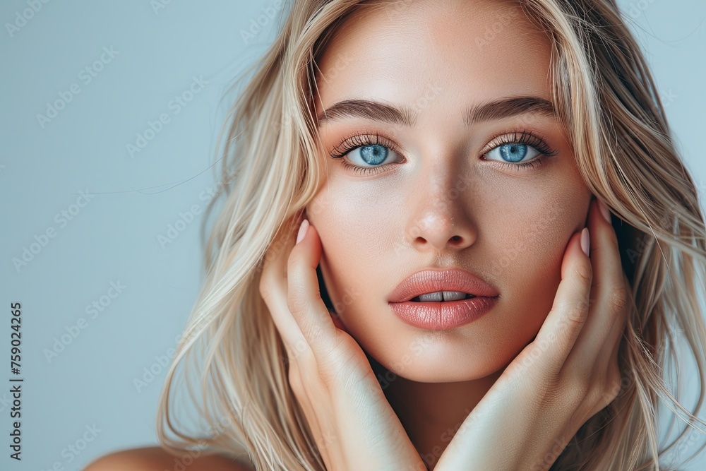 beautiful blonde woman with healthy skin looks at the camera and touches her face with her hands. natural makeup of a young beautiful model on a studio background with copy space. cosmetic concept beautiful blonde woman with healthy skin looks at the camera and touches her face with her hands. natural makeup of a young beautiful model on a studio background with copy space. cosmetic concept