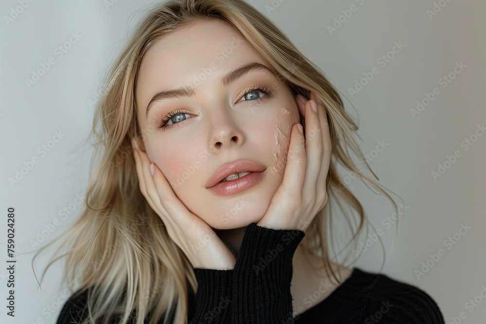 beautiful blonde woman with healthy skin looks at the camera and touches her face with her hands. natural makeup of a young beautiful model on a studio background with copy space. cosmetic concept 