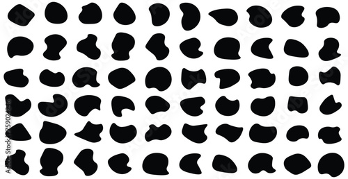 Random shapes. Organic black blobs of irregular shape. Abstract blotch, inkblot and pebble silhouettes, simple liquid amorphous Round abstract organic shape collection. Pebble, drops and stone 19