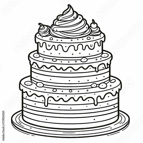 A three layered cake with frosting and a decoration on top, coloring page. © BERMED