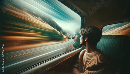 Man Looking Out of Car Window at Speeding Landscape