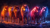 Digital artwork of an alpha wolf pack with glowing fur, standing united in a snowy landscape under a starry night sky.
