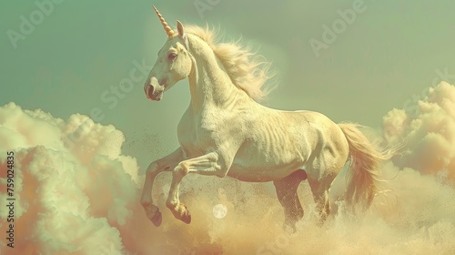 A mythical unicorn rises majestically above the clouds  its silhouette a beacon of purity and magic in a dreamy  mist-filled sky.