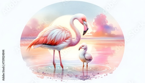 Flamingo Mother and Chick at Sunset by Water