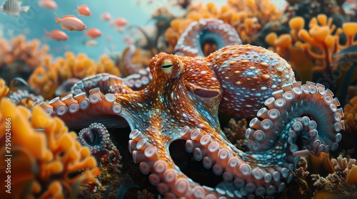 A vibrant octopus with intricate patterns sprawls across the colorful corals of its underwater realm  a master of disguise and marine beauty.