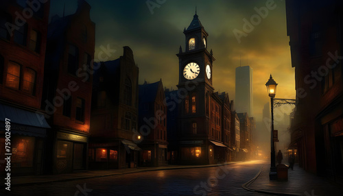 A digital painting of a ghostly cityscape with a decaying clock tower in the night time