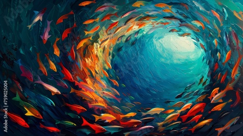 Artistic representation of a swirling vortex of brightly colored fish in the deep blue sea.