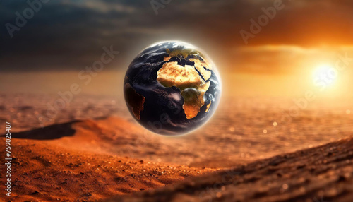 Surreal image of Earth hovering above a rocky  alien landscape  illuminated by a distance. symbolizing global warming and climate change.