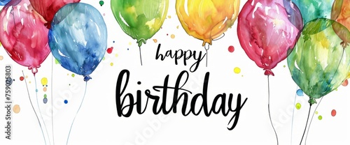 watercolor colorful balloons, hand drawn cursive text "happy birthday" in the style of black, white background Generative AI