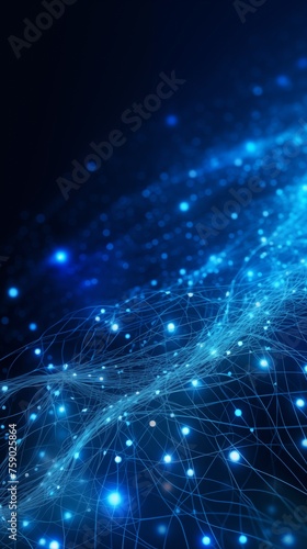 Blue abstract background with a network grid and particles connected.