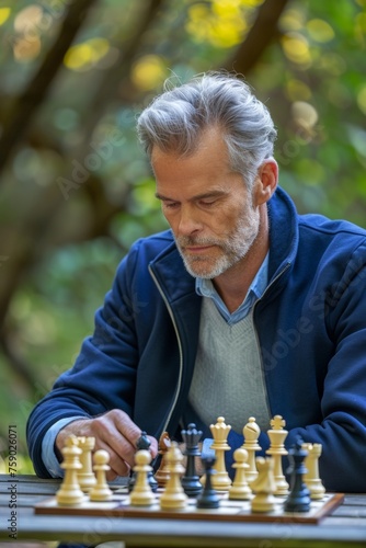 Senior man in thoughtful analysis during an outdoor chess game, symbolizing calm strategy amidst andropause in a serene setting