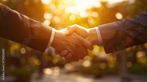 Close up businesspeople shaking hands on sunlight blur background. AI generated image