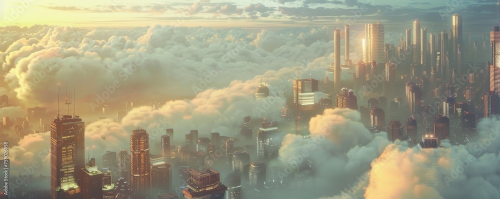 A dystopian city where the rich live in floating estates above the clouds - obrazy, fototapety, plakaty 