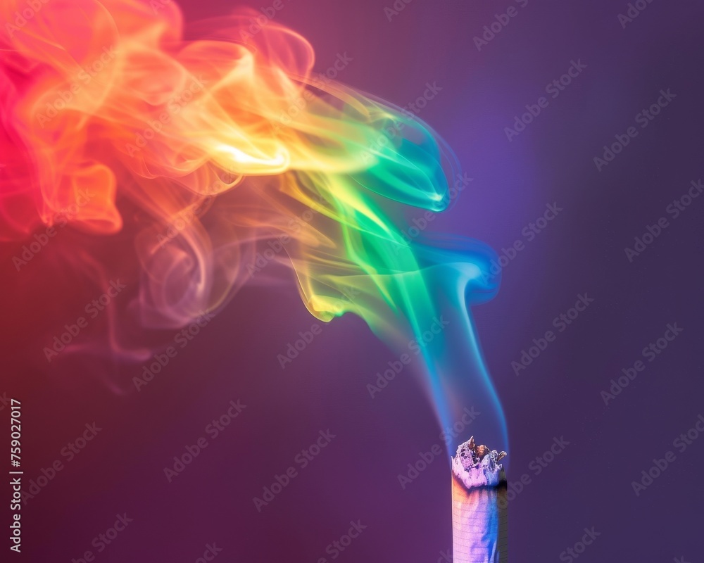 Burning cigarette with rainbow colored smoke drifting upwards Burning cigarette with rainbow colored smoke drifting upwards