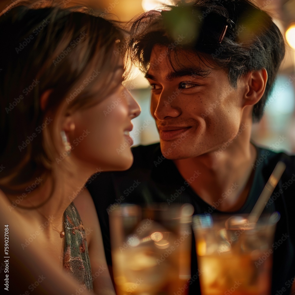 Intimate conversation between young Asian man and Caucasian woman, bonding over non-alcoholic drinks with a backdrop of warm, ambient light Intimate conversation between young Asian man and Caucasian woman, bonding over non-alcoholic drinks with a backdrop of warm, ambient light