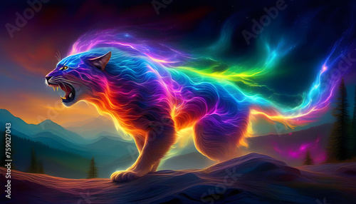 A digitally-rendered painting of a plasma creature prowling through a fantastical landscape, with vibrant colors and intricate details. photo