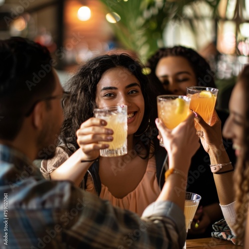 Joyful friends raising glasses of mocktails in a cozy bar setting, celebrating sobriety with genuine smiles and spirited toasts
