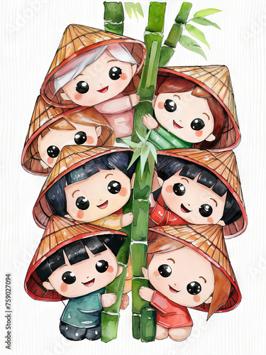 Cute Asian children in bamboo