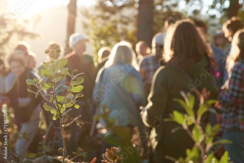 Sunlight filters through a community engaged in planting new life, illustrating dedication to environmental conservation photo