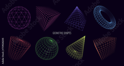 Collection of Lowpoly 3D Shapes of Platonic Solids. Polygonal Shapes Basic Linear Algebra Figures. Vectro Illustration. Graphic Shapes for Retrowave Vaporwave Synthwave Style Graphic Design.