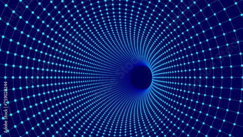 Blue Digital Tunnel or Wormhole. Wireframe Abstract Mesh with Hole. 3D Tunnel Grid Mesh. Blue Hi Tech Texture. Technology or Science Vector Illustation.