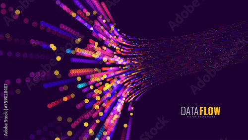 Digital Data Flow Vector Background. Big Data Technology Lines. 5G Wireless Data Transmission. High Speed Light Trails. Information Flow in Virtual Reality Cyberspace. Vector Illustration.