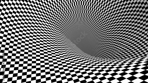 Abstract Black and White Pattern with Tunnel. Contrasty Optical Psychedelic Illusion. Optical Art Gravity Vortex. Smooth Checkered Tunnel and Chessboard in Perspective. Vector 3D Illustration.