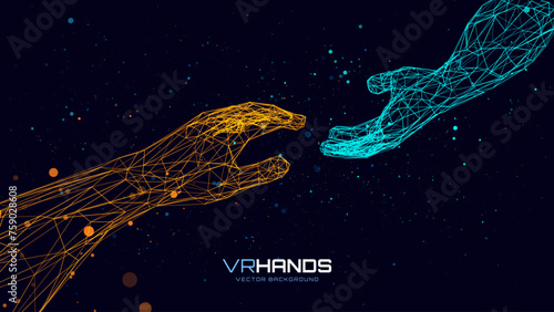 Creation AI Concept - Hands Reaching Towards Each Other. Concept of Human Relation, Partnership. Polygonal Mesh Wireframe Hands in Virtual Reality. 3D Low Poly Hands. Vector Illustration.