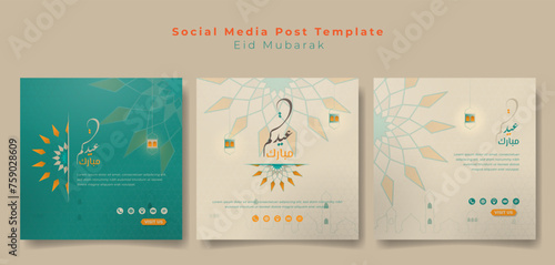Set of social media post template with mandala ornamental design and line art of mosque and lantern design. Islamic social media post template for eid mubarak. arabic text mean is eid mubarak.