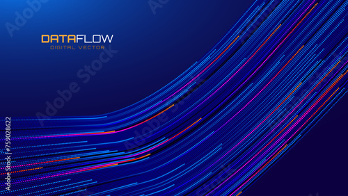 Digital Data Flow Vector Background. Big Data Technology Lines. 5G Wireless Data Transmission. High Speed Light Trails. Information Flow in Virtual Reality Cyberspace. Vector Illustration.