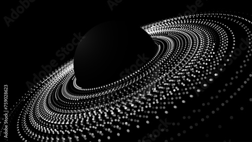Black Stylized Saturn Planet with Rings. Black Hole Background. Universe and Starry Concept. Gravity Circles. Minimal Art Style Vector Space Illustration.