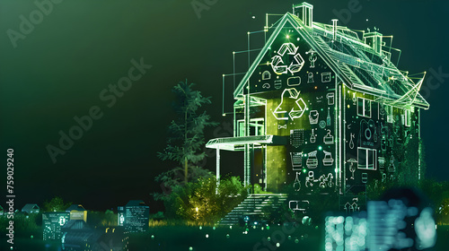 An eco - conscious house with a smart waste management system, partially covered by an opaque overlay of recycling symbols, against a dark green background.
