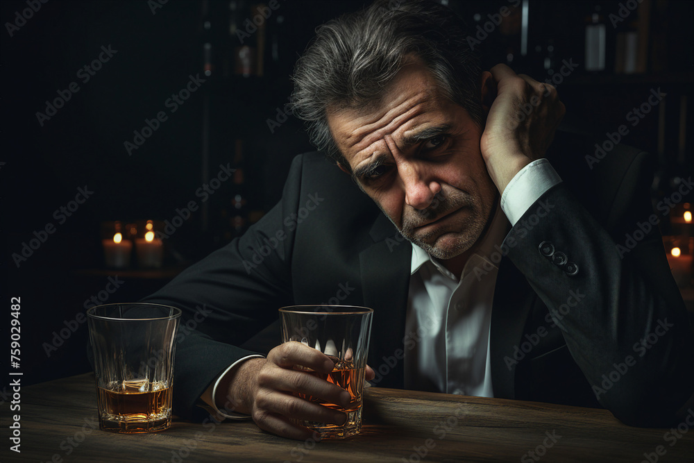 Drunk depressed man sitting in a bar suffering from loneliness made with generative AI