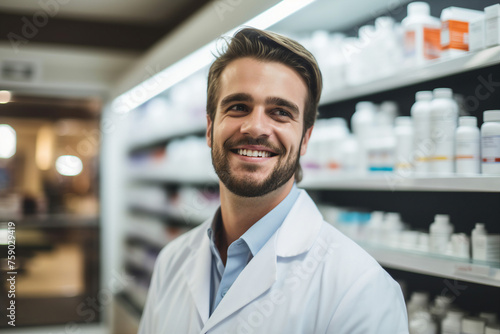 Smiling cheerful confident pharmacist in drugstore store shop Generative AI © Tetiana