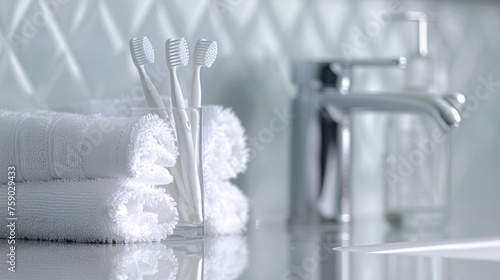 Close up toothbrushes in a transparent glass with white towels on tabletop in bathroom. AI generated