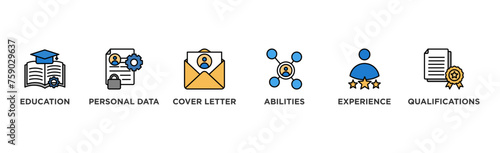Curriculum vitae banner web icon vector illustration concept with icon of education, personal data, cover letter, abilities, experience and qualifications	