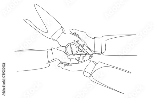 Continuous one line drawing of boss giving compass to employee, business direction guideline concept, single line art.