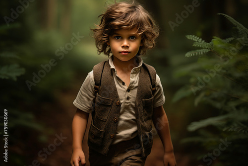 Generative ai photography of charming happy child traveler walking in forest alone