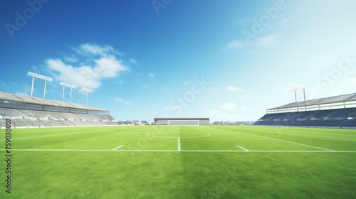 soccer  stadium  empty  grass  field  brown  clear  blue  sky  sports  arena  deserted  abandoned  football  pitch  vacant  lone  barren  isolated  quiet  vast  horizon  weathered  crisp  sunny