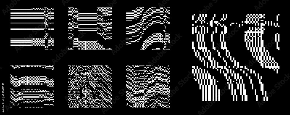 White Noise Pixel Texture. Glitch Pattern. Collection of 1-bit Pixel Art Y2K Retro Elements for Design. Vector Illustration.