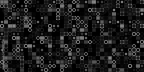 Abstract Pixel Symbols Vector Pattern. Geometric Retro Computer Game Style Texture. Generative Art Tech Vector Illustration. Grid of Pixel Shapes.
