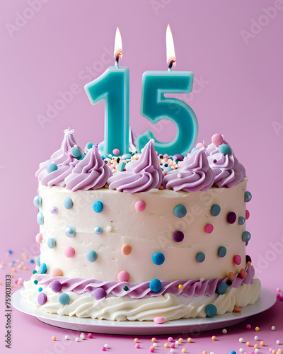 A festive delicious birthday cake with number 15 candle - Fifteen Years