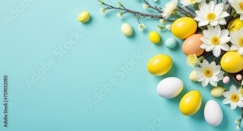 yellow easter eggs and flowers on pastel blue turquoise background banner copy space left and center photo