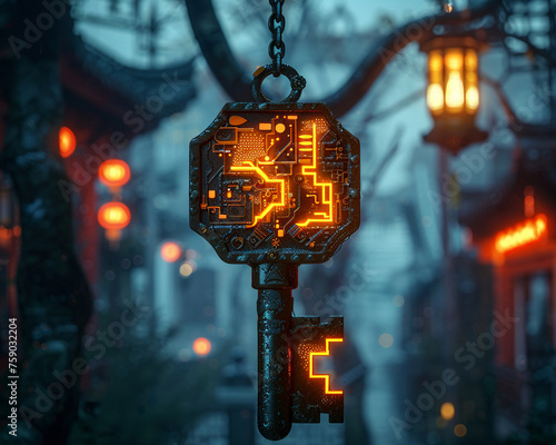 Encryption Key, Glowing intricate design, Guarding sensitive information, Rainy night, Photography, Golden hour, Vignette photo